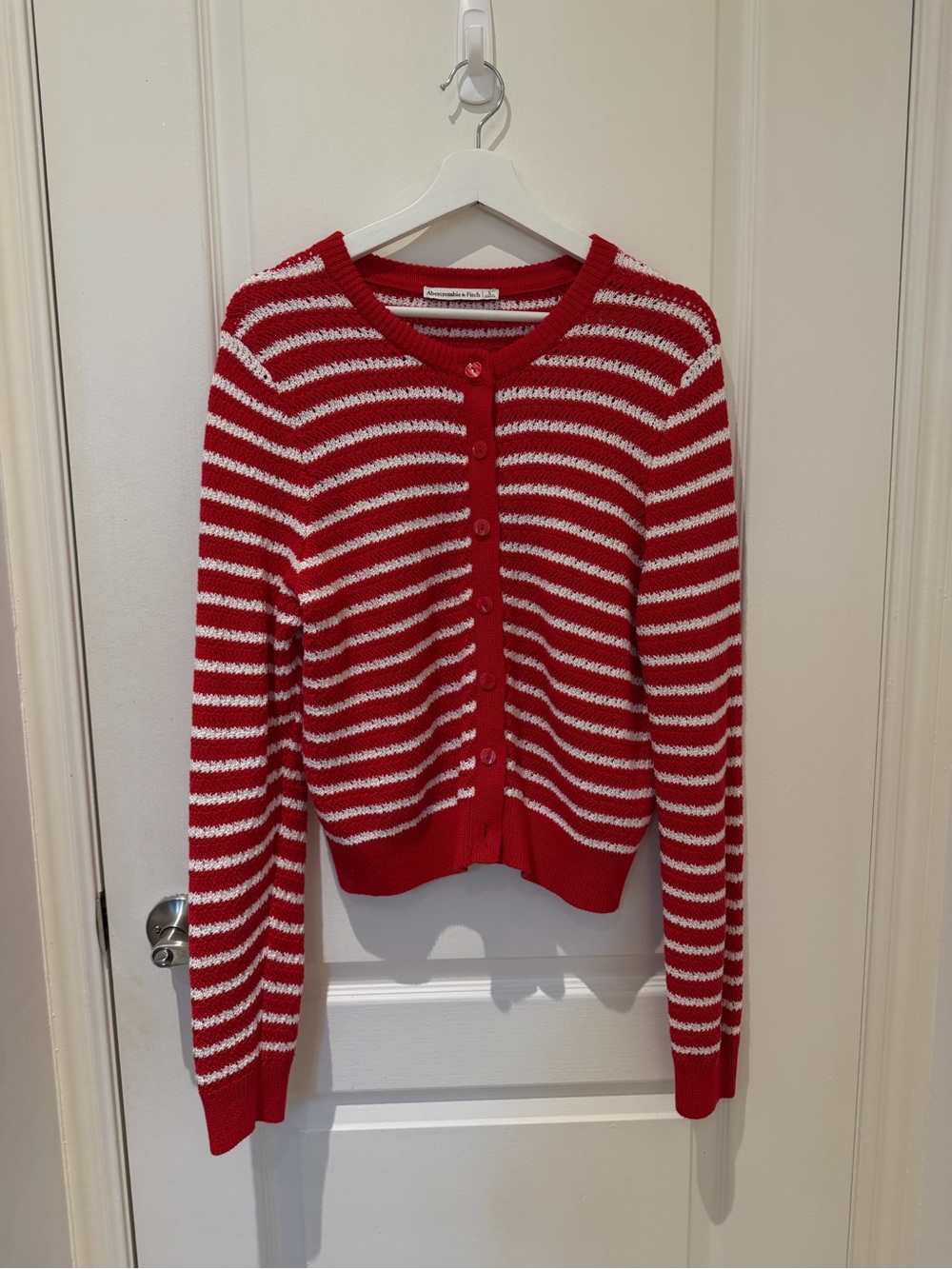 Red & White Abercrombie Striped Button-Front Women's Sweater